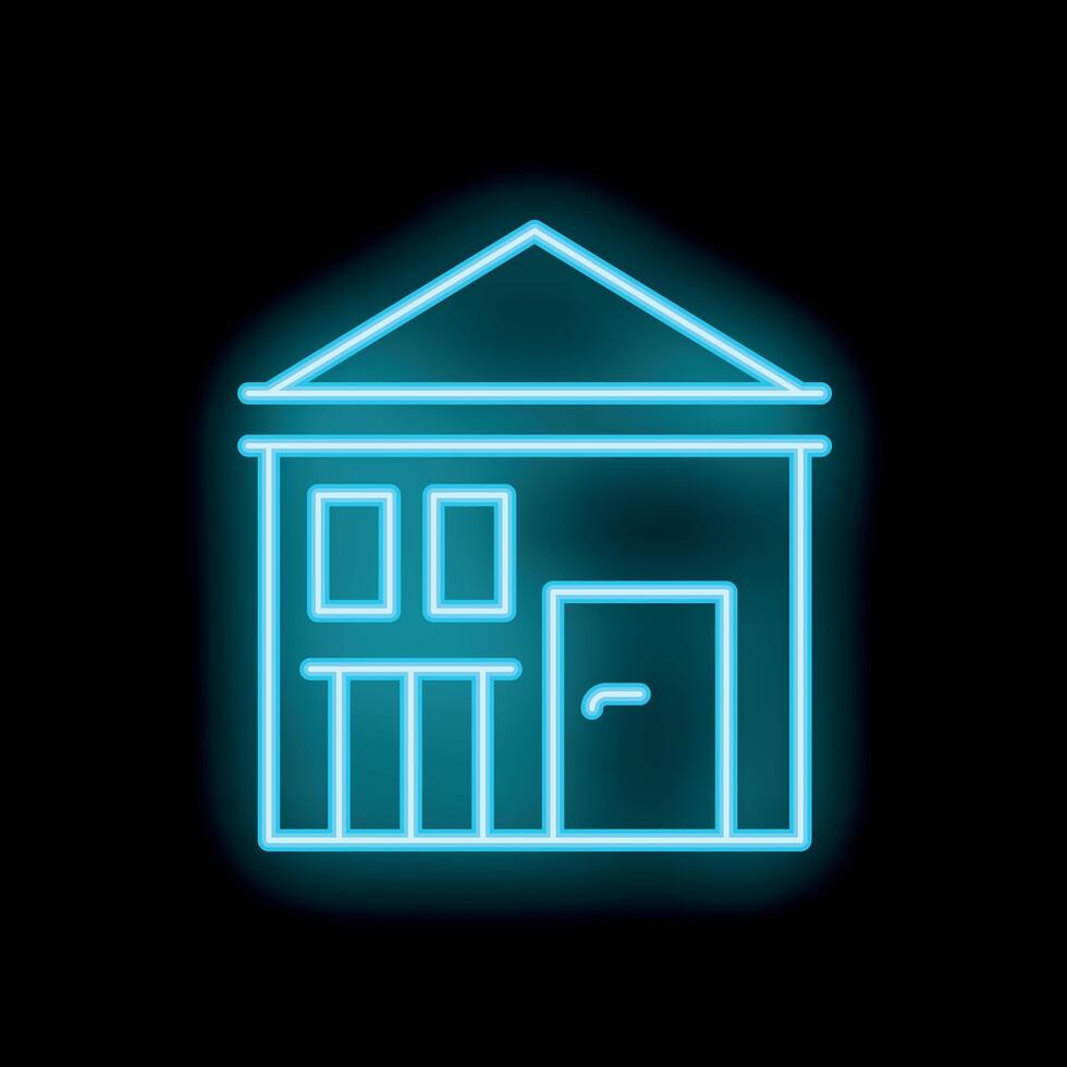 Neon blue office building icon glowing on black background vector