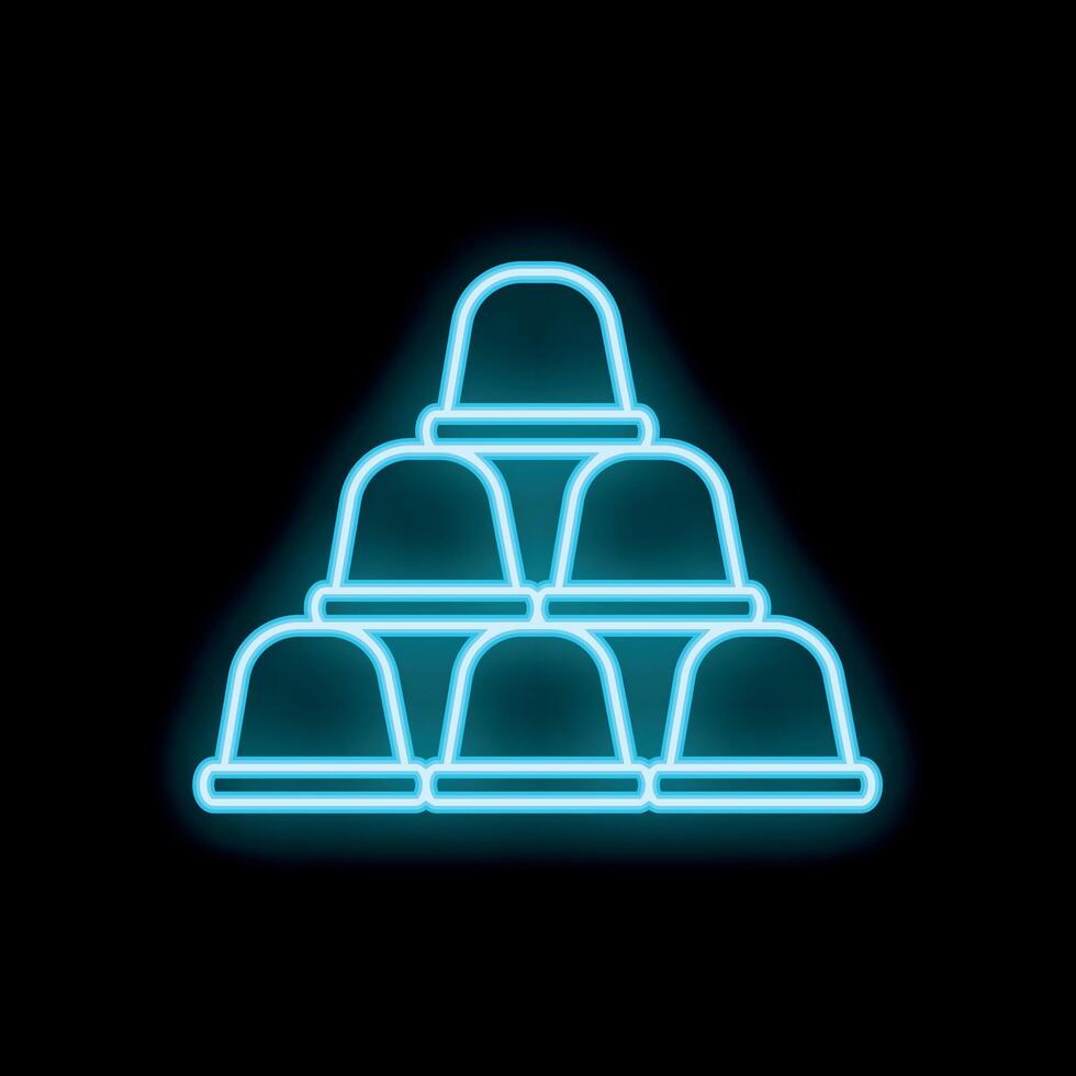 Glowing neon line coffee capsules stacked in pyramid shape on black background vector