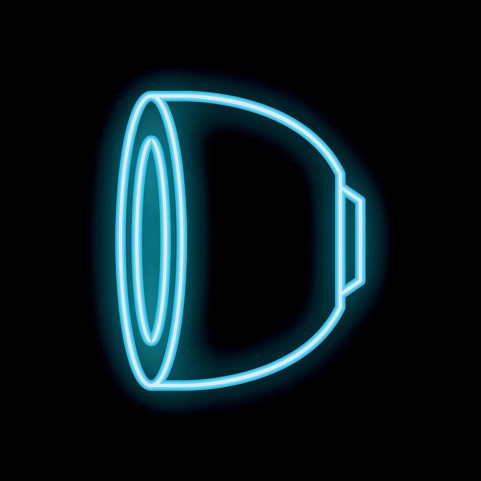 Glowing blue neon camera lens icon on black background vector