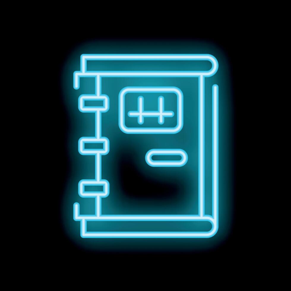 Glowing neon notebook icon with blue light effect on black brick wall background vector