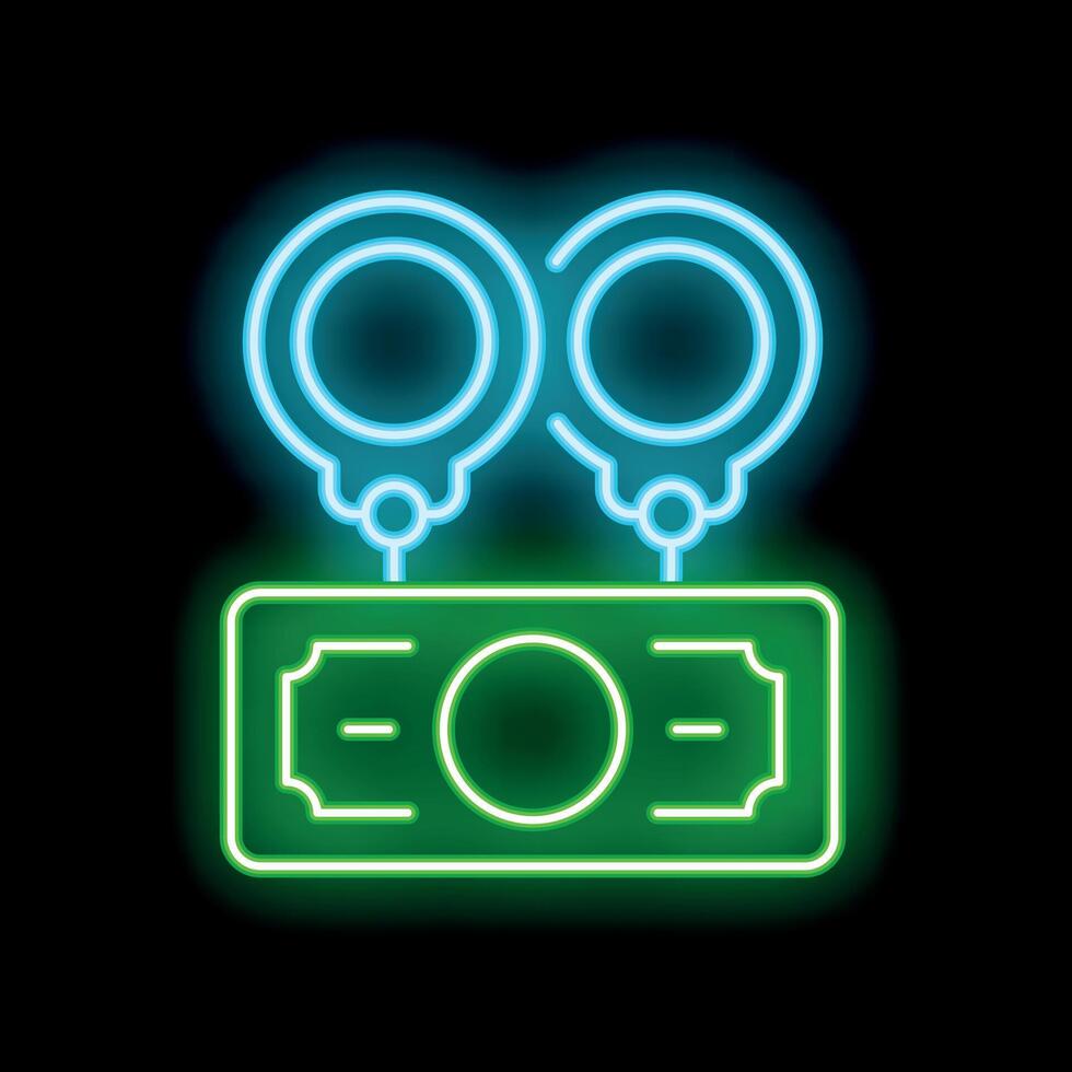 Neon handcuffs hanging from stack of money on black background vector