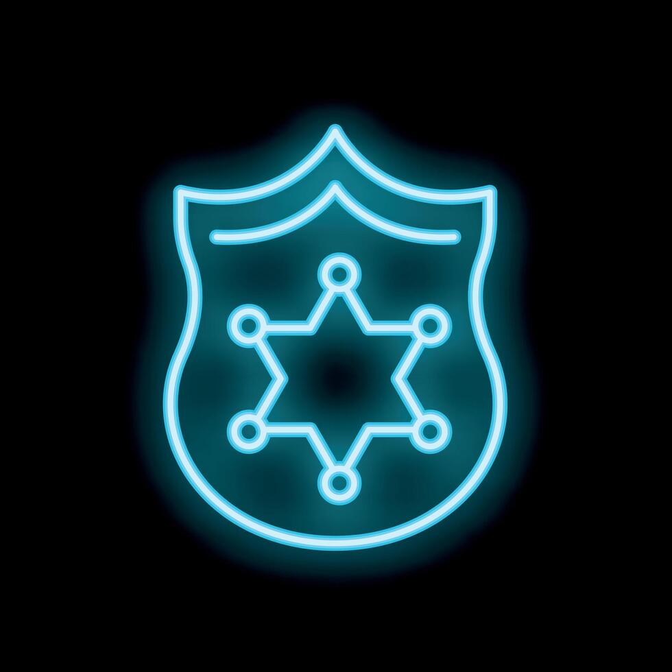 Neon blue sheriff badge glowing on black background vector