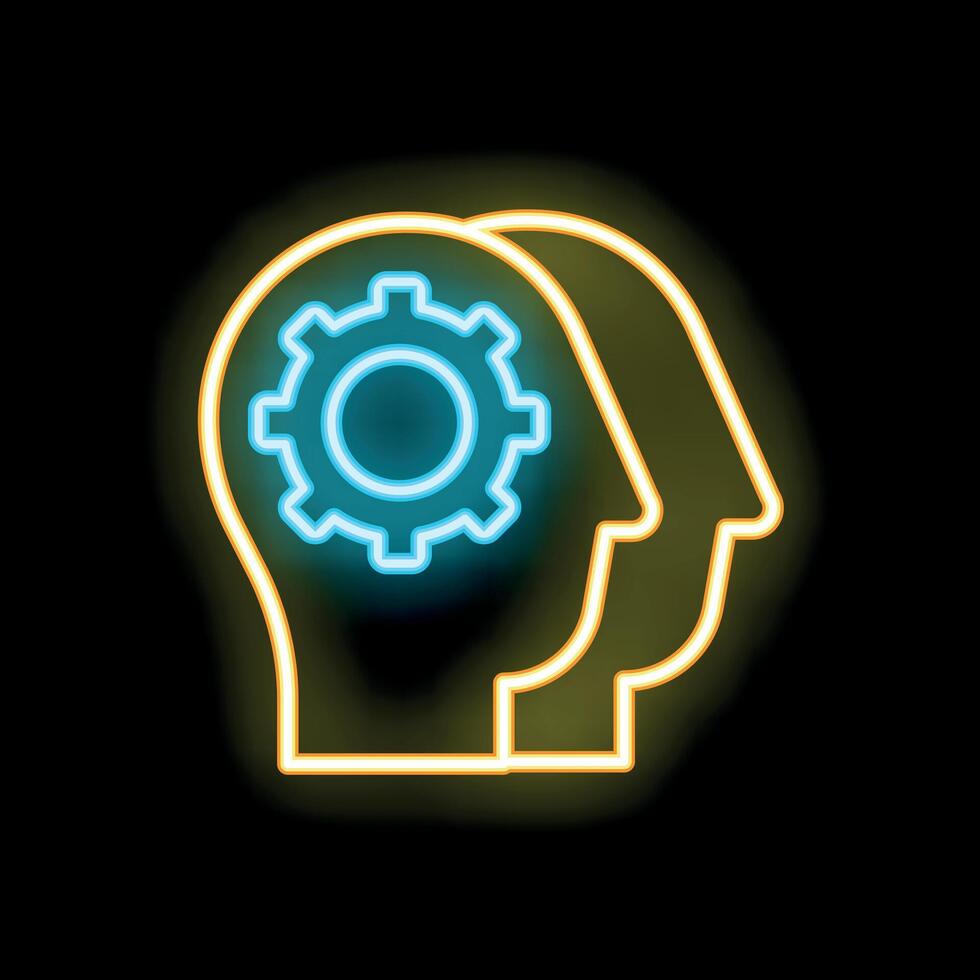 Neon icon of two heads sharing ideas with gear mechanism inside vector