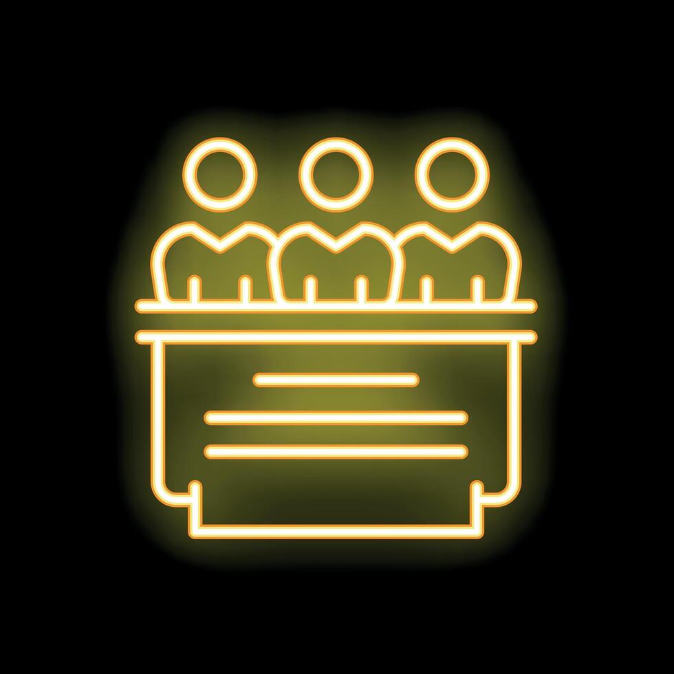 Jury listening to verdict reading by judge in courtroom neon sign vector
