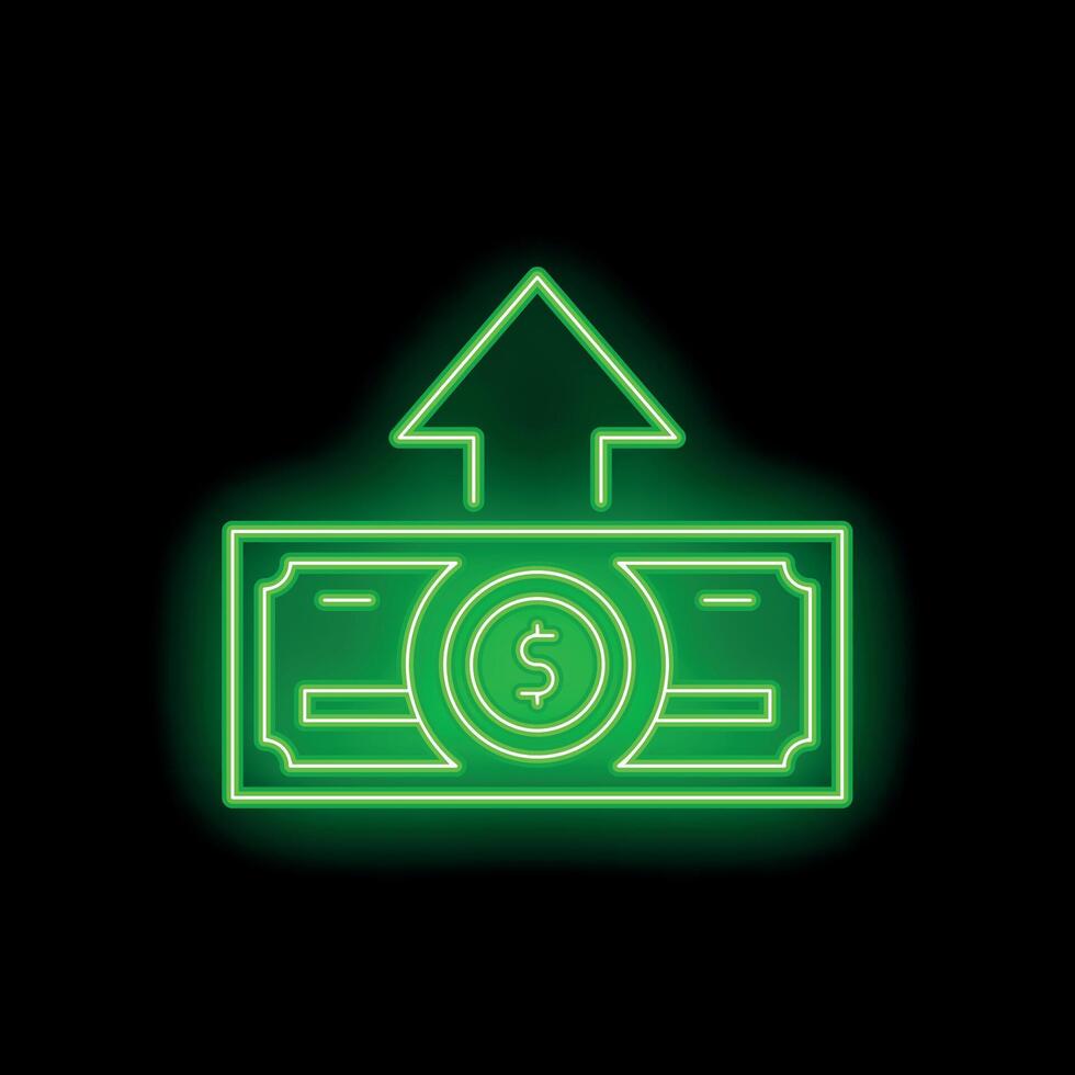 Green neon dollar bill increasing its value with up arrow vector