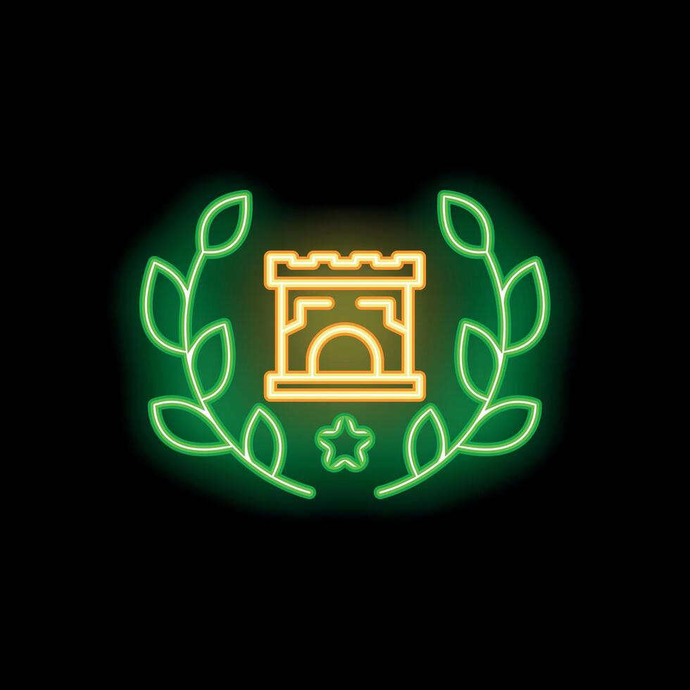 Neon green glowing symbol of achievement with castle icon vector