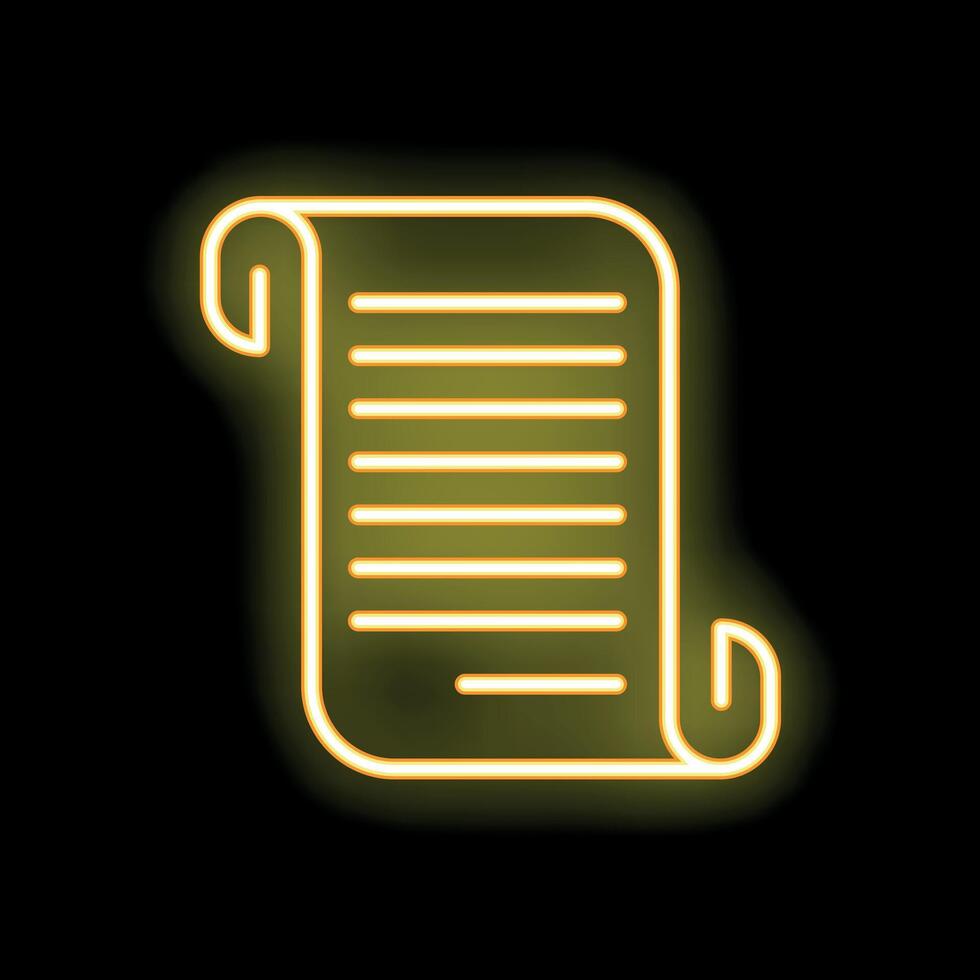 Neon yellow manuscript scroll icon glowing on black background vector