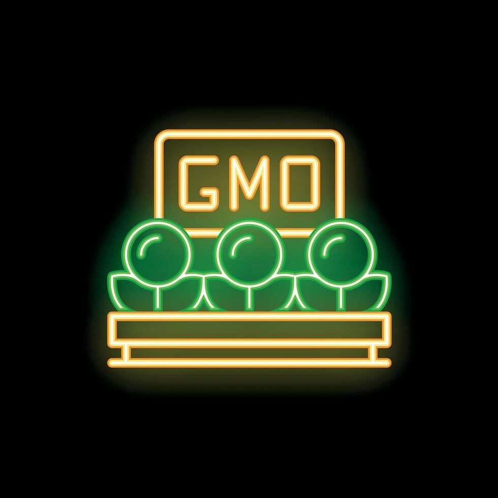 Neon sign depicting plants growing under a sign reading gmo vector