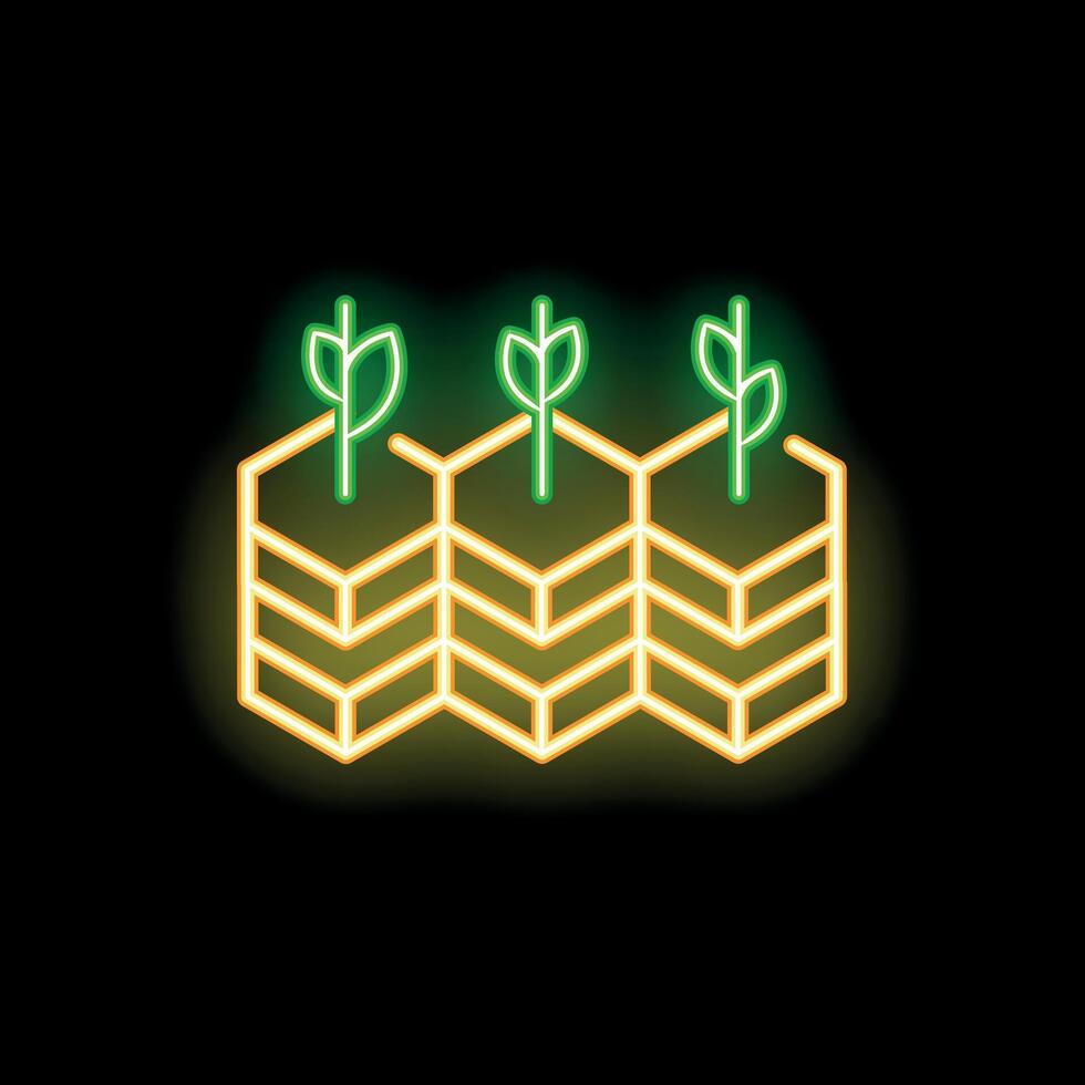 Neon icon of plants growing in honeycomb pots representing urban farming vector