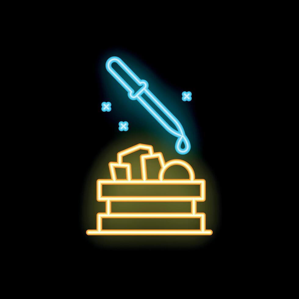 Neon sign of pipette dropping essential oil into box of soap bars for aromatherapy treatment vector