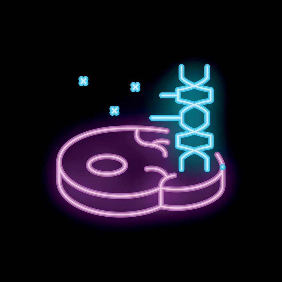 Neon icon of dna being injected into meat representing cultured meat vector