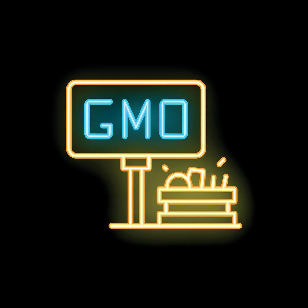 Neon sign showing a gmo signpost in front of a crate full of vegetables vector