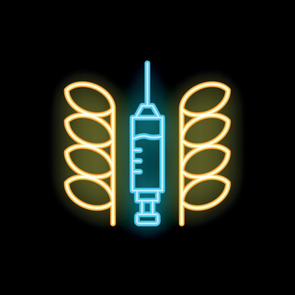 Neon icon of syringe injecting gmo into wheat for food modification vector