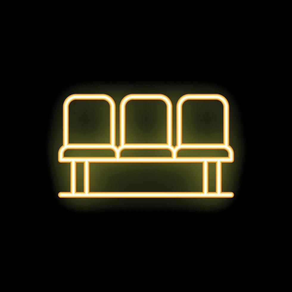 Yellow neon icon of three empty chairs forming a bench on black background vector