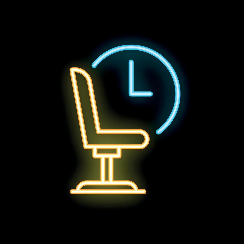 Neon office chair with clock icon glowing on dark background vector