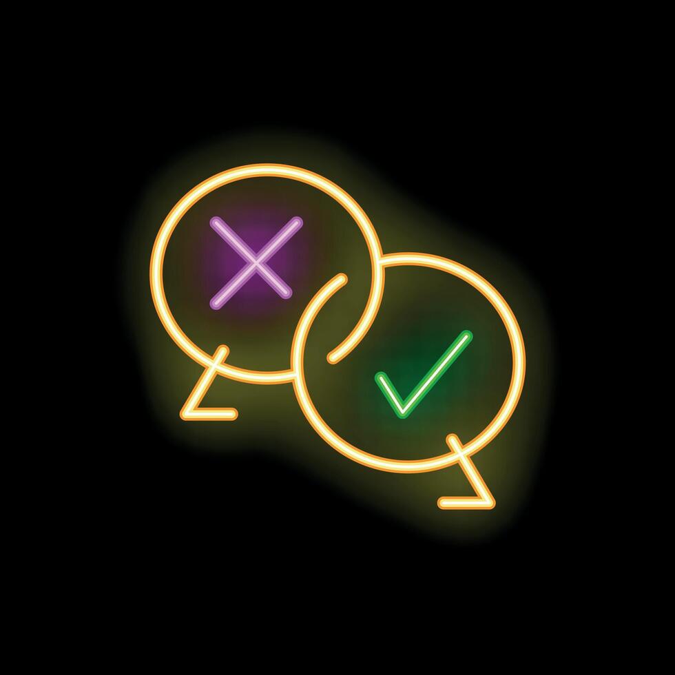 Neon speech bubbles showing check and cross marks representing decision making vector