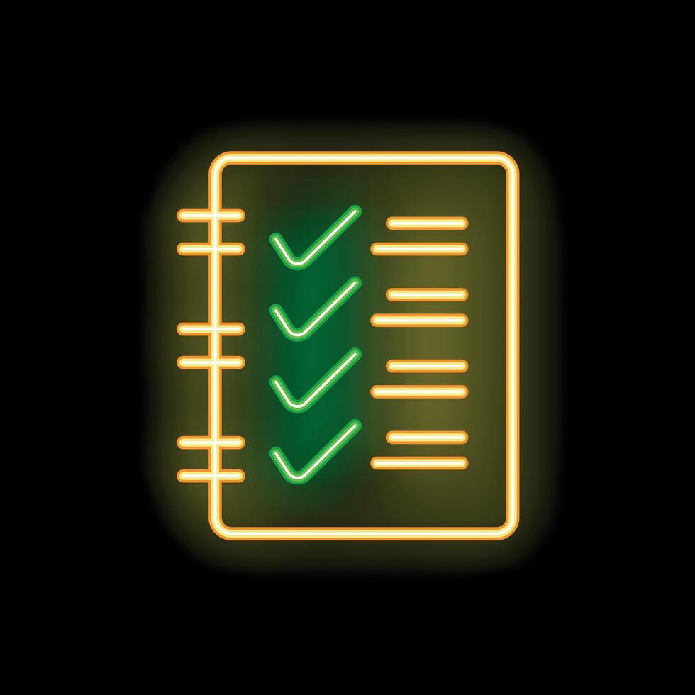 Neon notebook with checkmarks glowing on black background vector