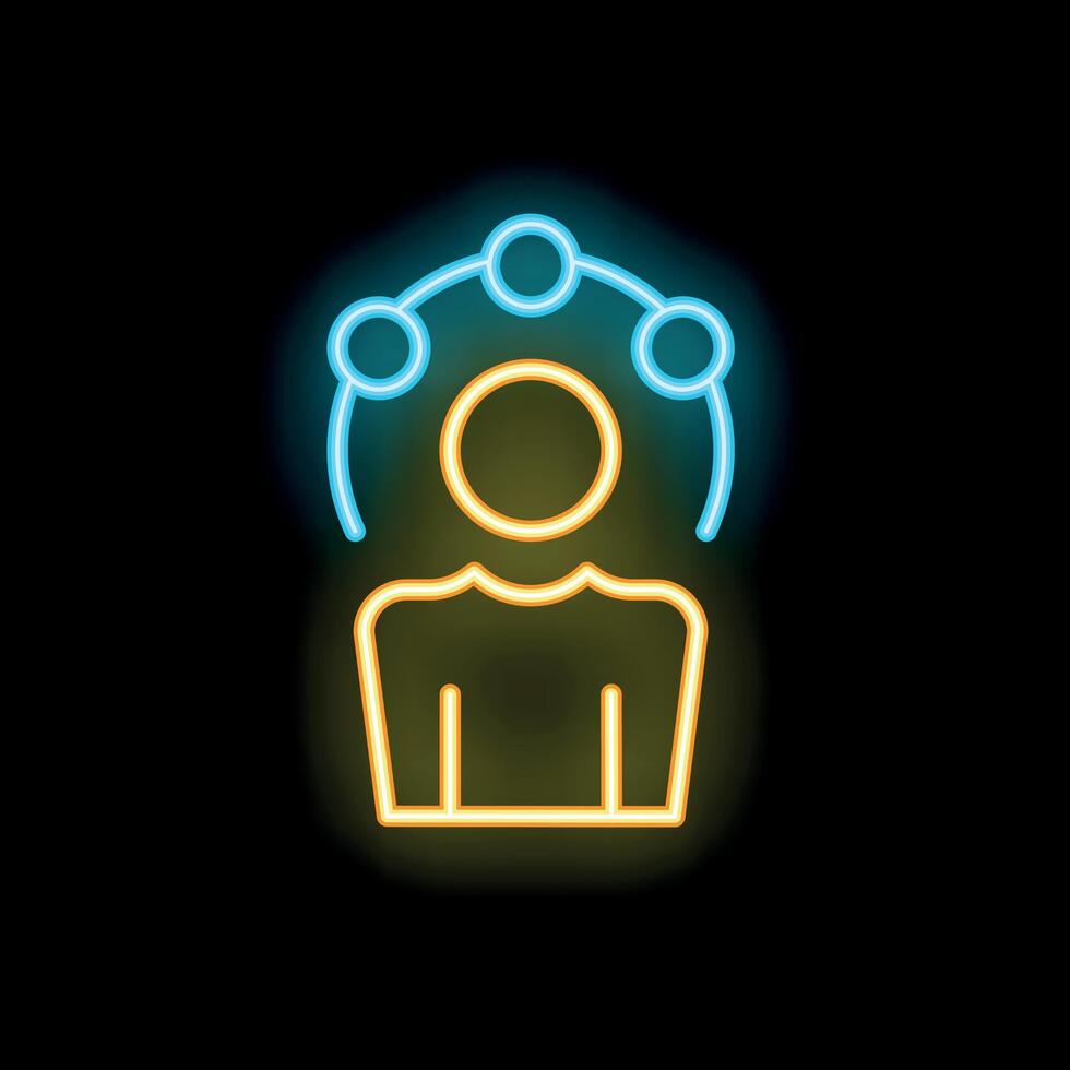 Neon icon of a businessman juggling tasks representing multitasking skills vector