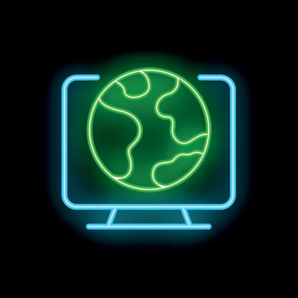 Neon computer monitor displaying green planet earth icon on black background vector