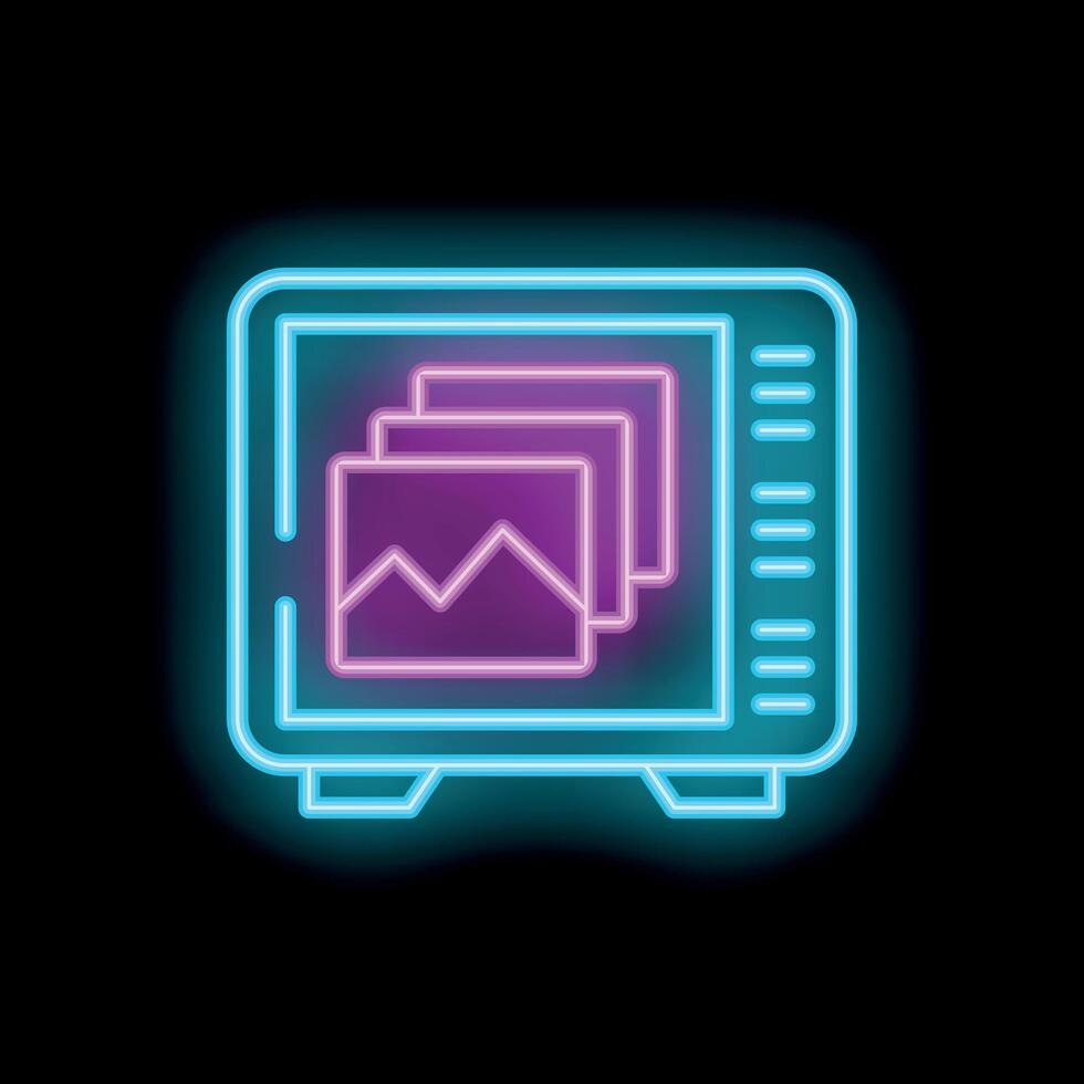 Neon icon of digital tablet displaying image gallery on black background vector