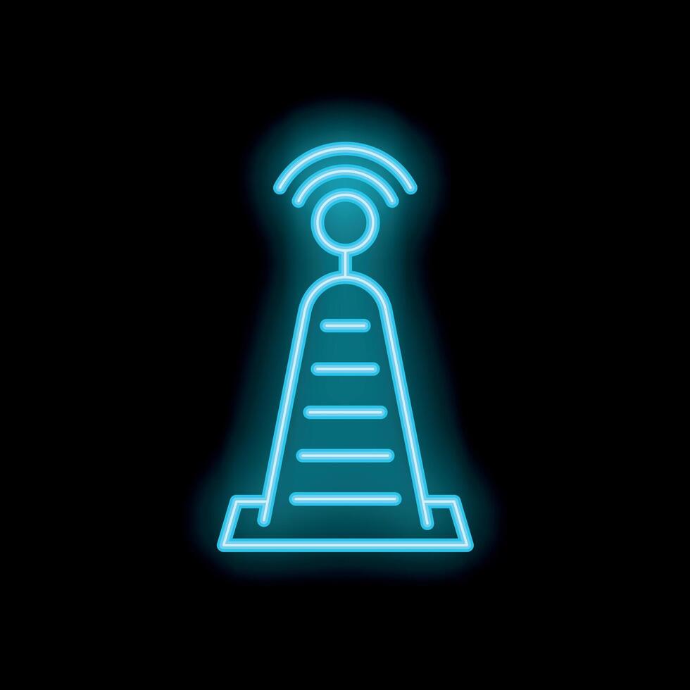 Neon blue radio tower transmitting signal icon on black background vector