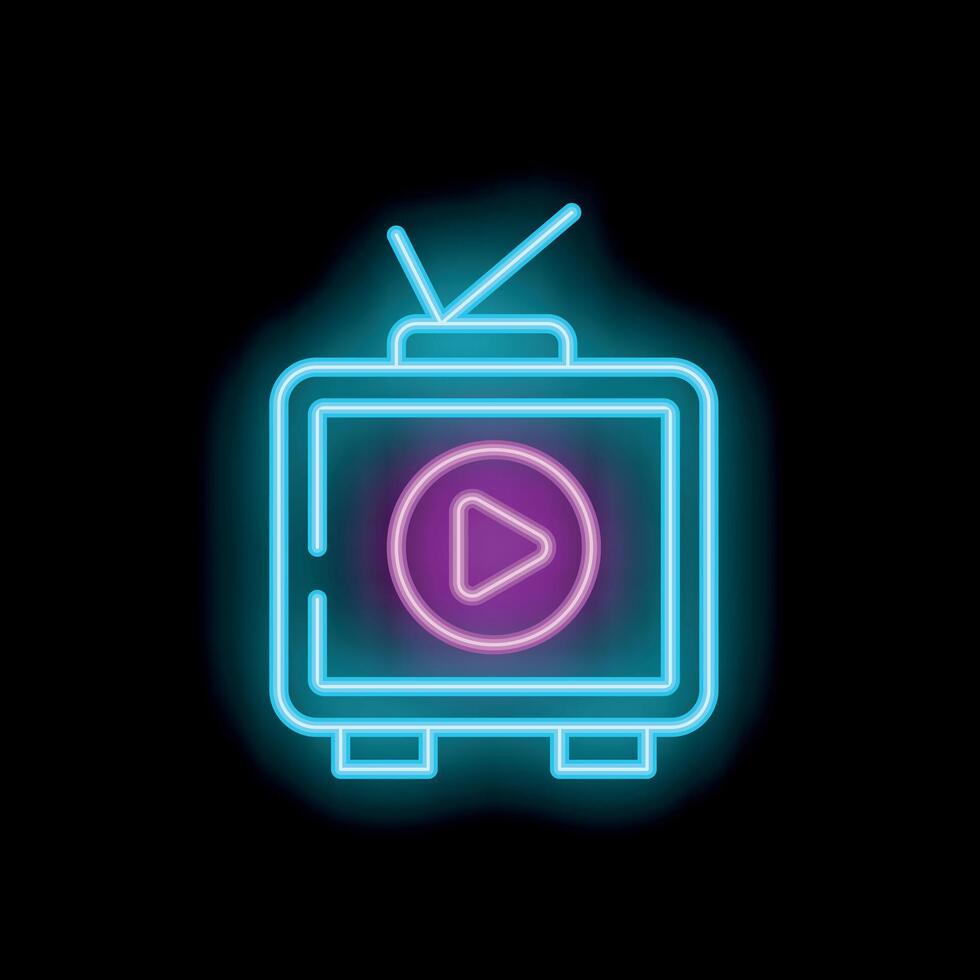 Blue and purple neon sign representing a television showing play button vector