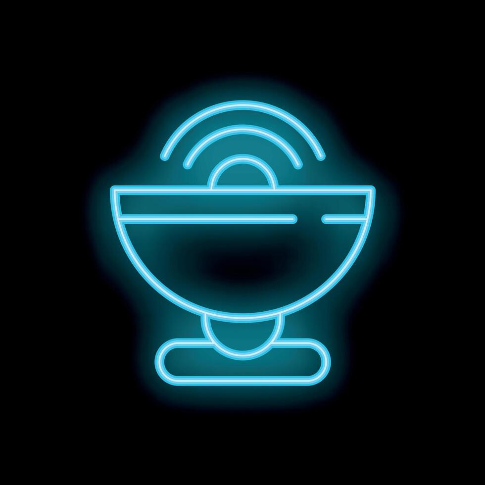 Neon satellite dish transmitting signals on black background vector