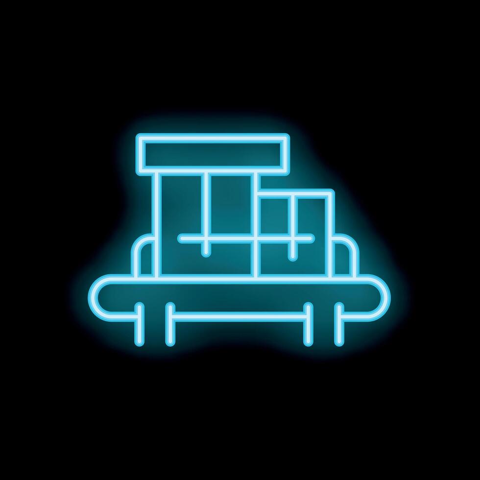 Neon blue conveyor belt with cardboard boxes moving on it over black background vector