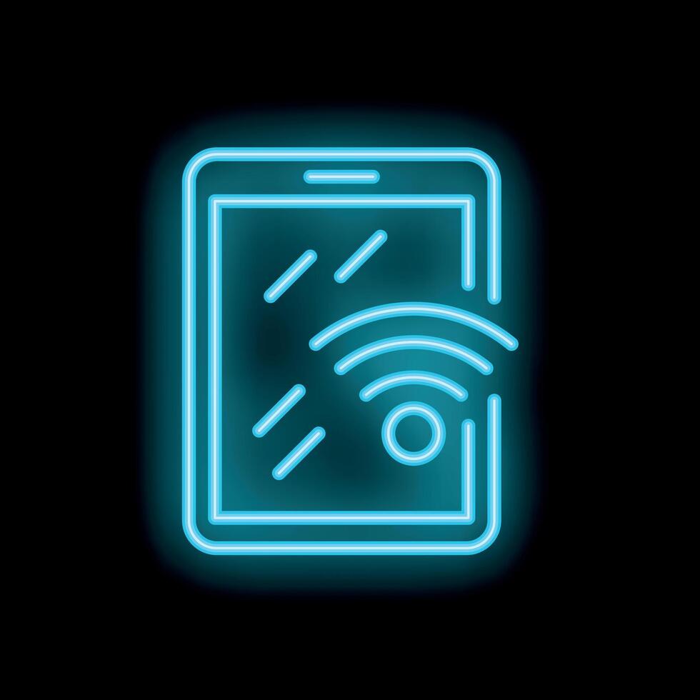 Neon blue smartphone showing wifi symbol on black background vector