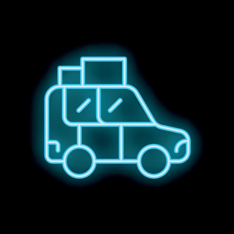 Neon icon of a car with luggage on roof representing travel and adventure vector