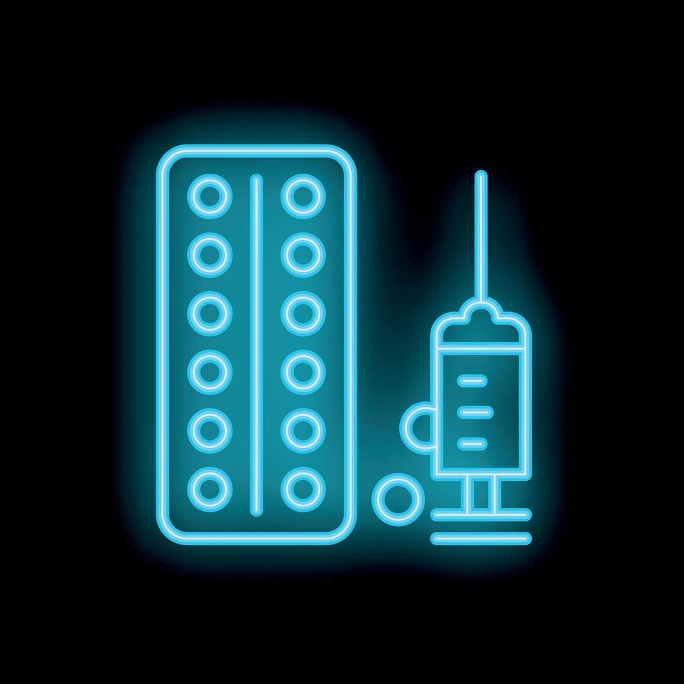 Neon style icon syringe injecting pills representing medical treatment vector