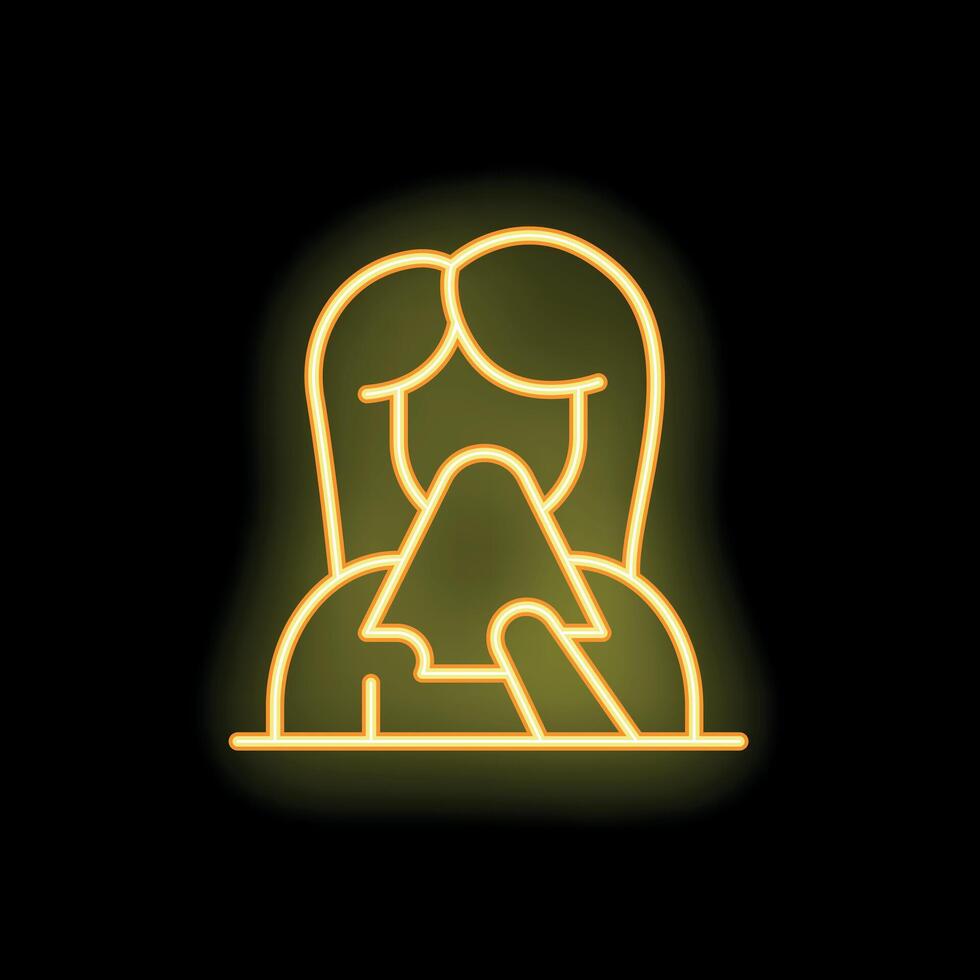 Woman blowing her nose in tissue paper neon light icon vector