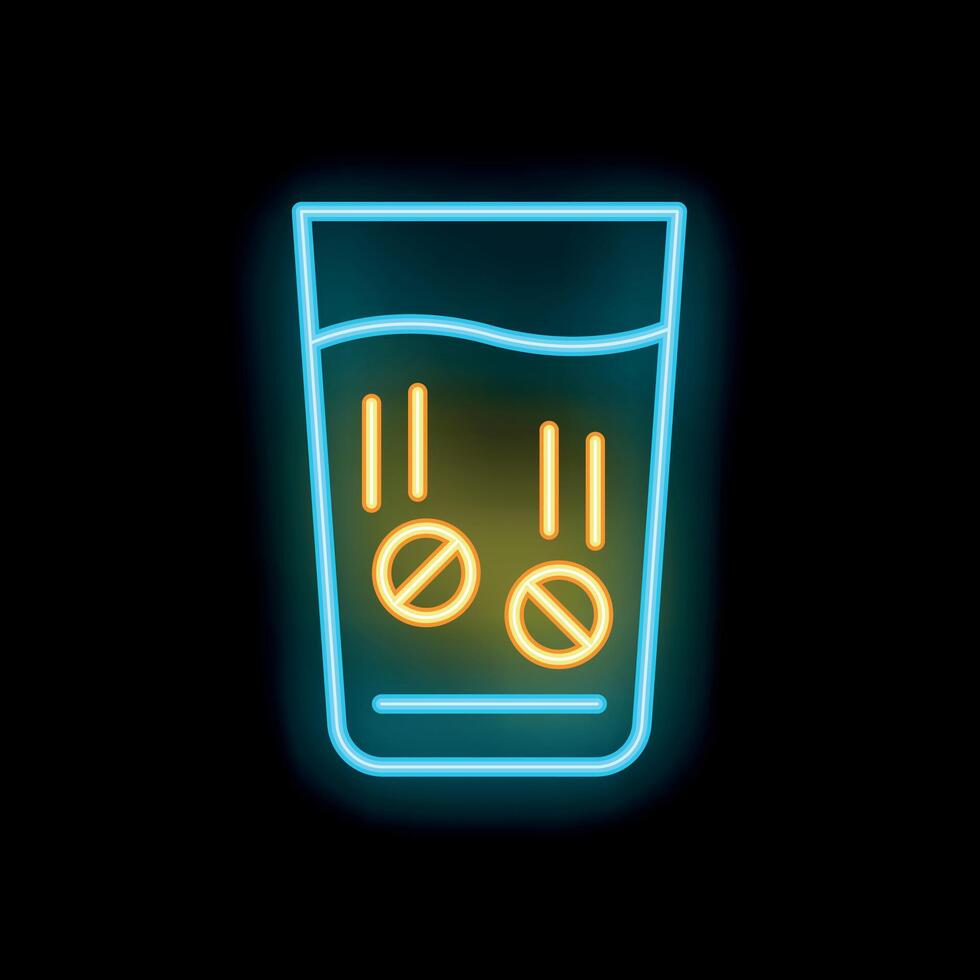 Neon sign of pills dissolving in glass of water vector