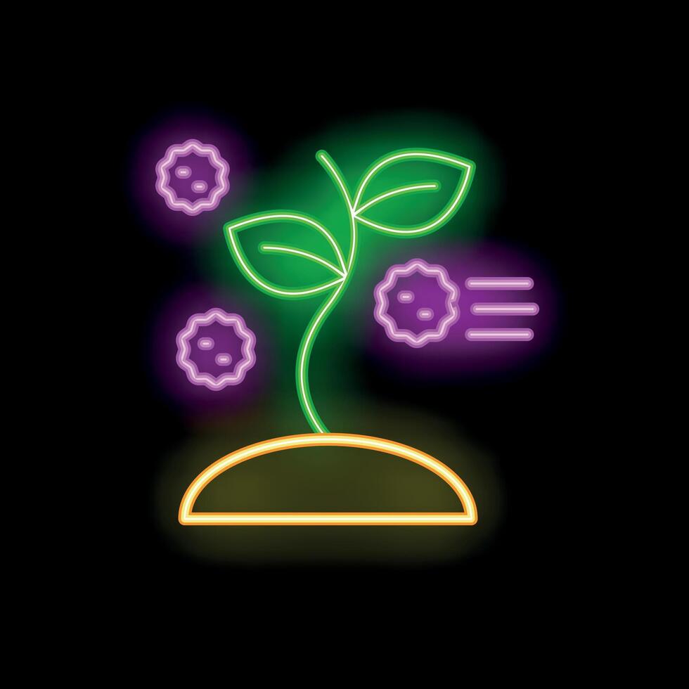 Neon icon of a plant with leaves being infected by viruses vector