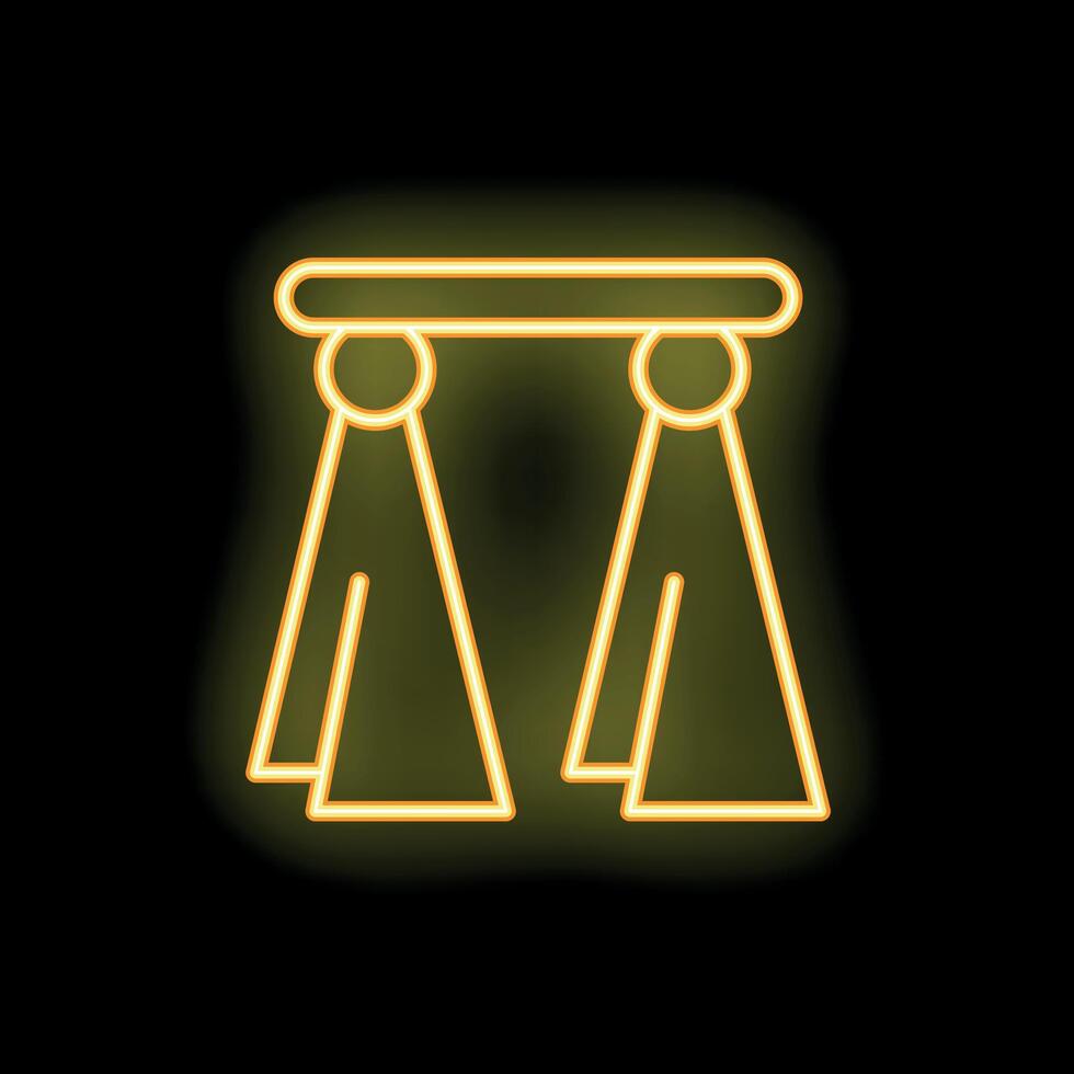 Neon icon of stage curtains glowing yellow on black background vector