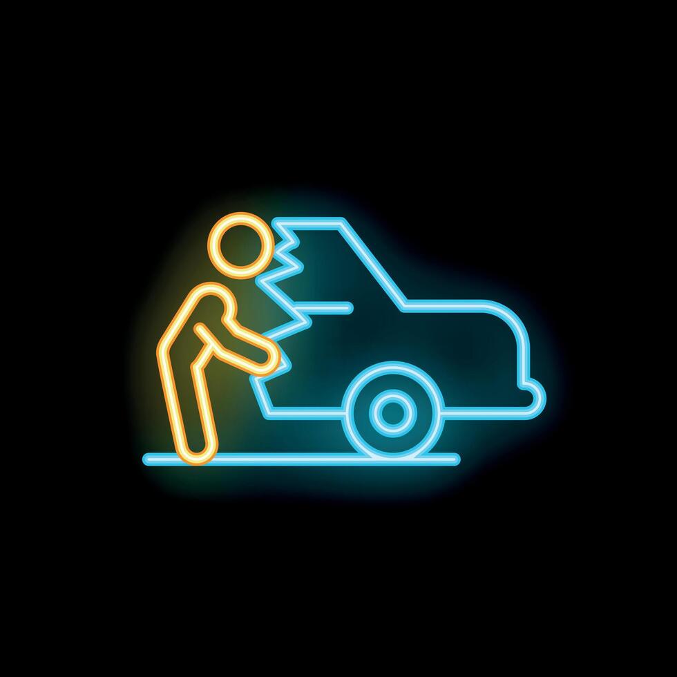 Frustrated driver pushing broken car neon sign on black background vector