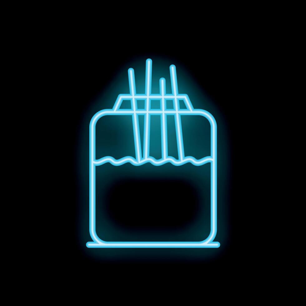 Blue neon sign of incense sticks burning in water in square container on black background vector