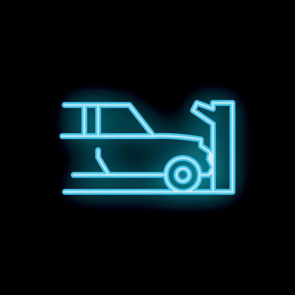 Speeding car crashing into wall neon sign on black background vector