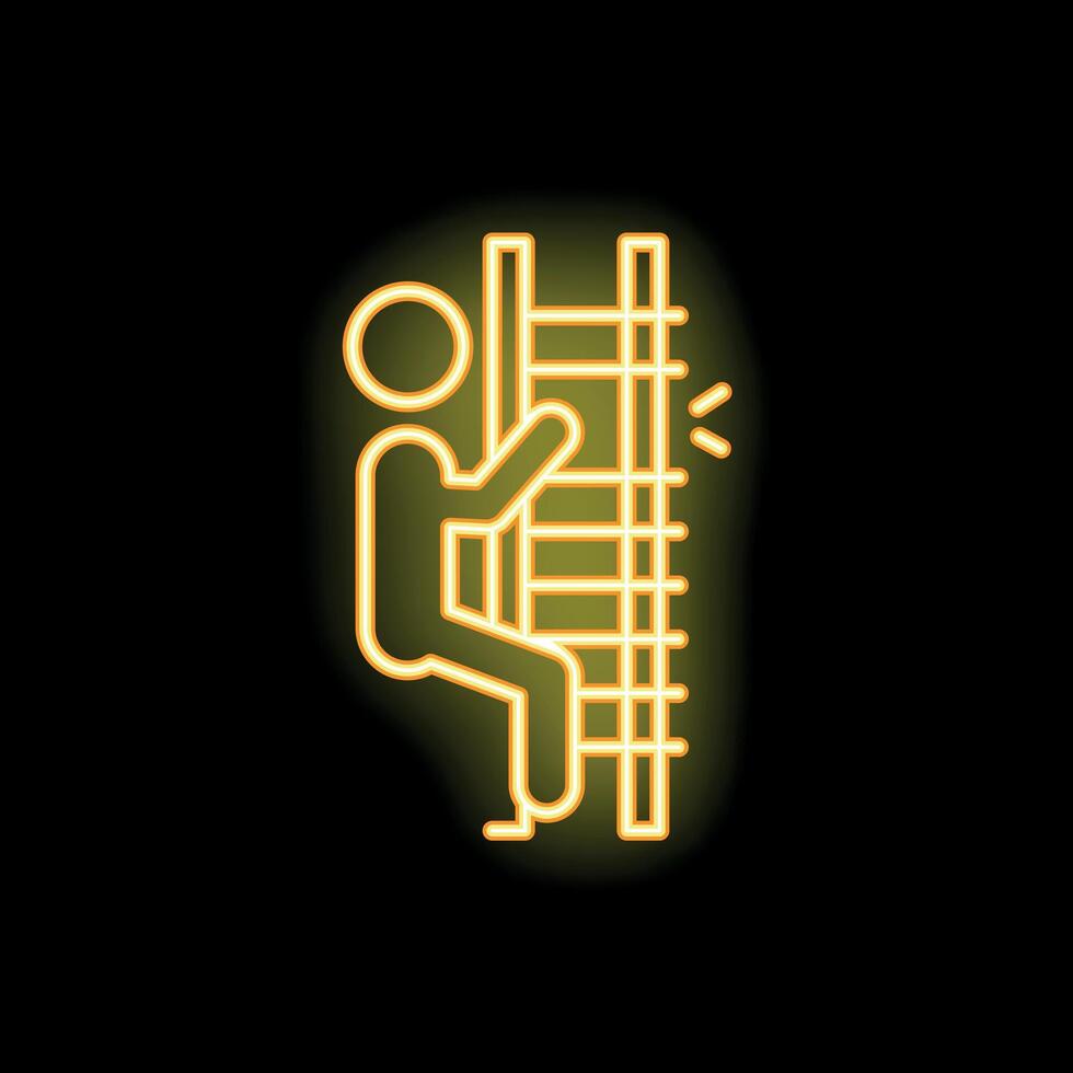 Stick figure pushing ladder with foot neon sign on black background vector