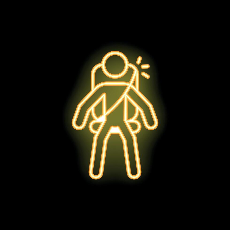 Yellow neon sign of a backpacker hiking with sticks in front of his legs vector