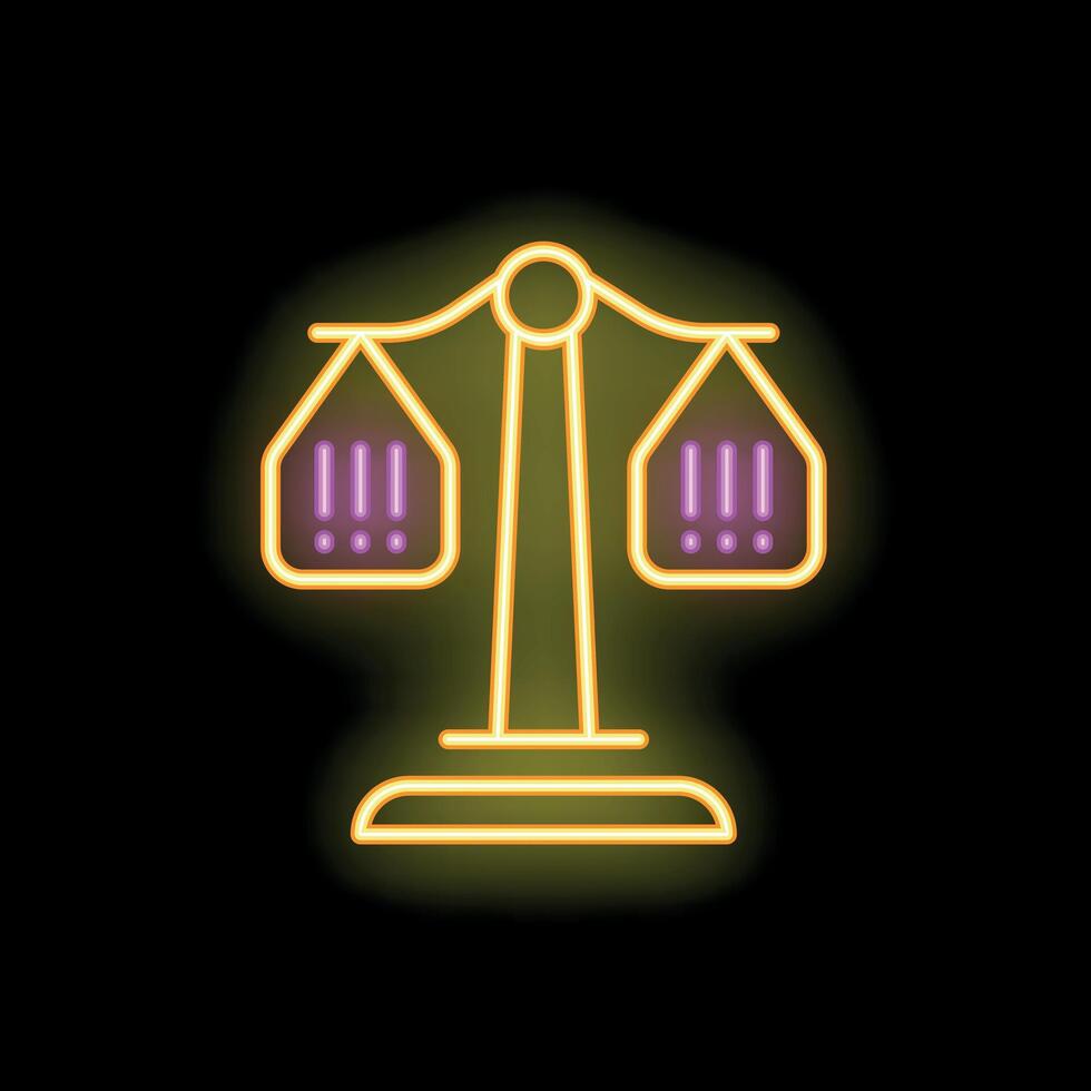 Neon sign representing scales showing balance with exclamation marks in purple and yellow vector