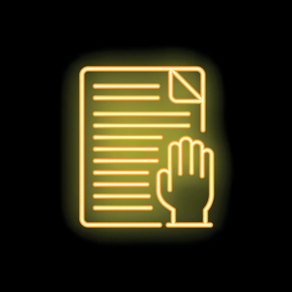 Neon yellow hand pointing at document icon on black background vector