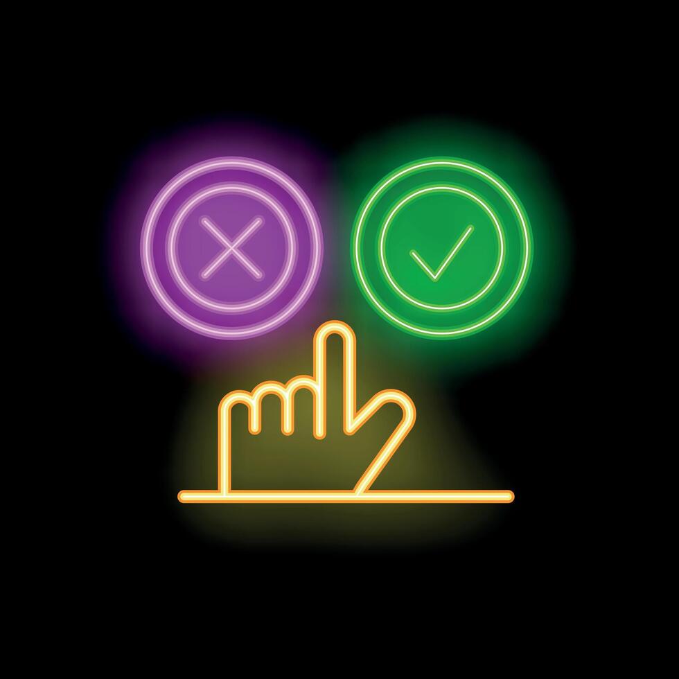 Hand choosing between neon green tick and red cross symbols vector
