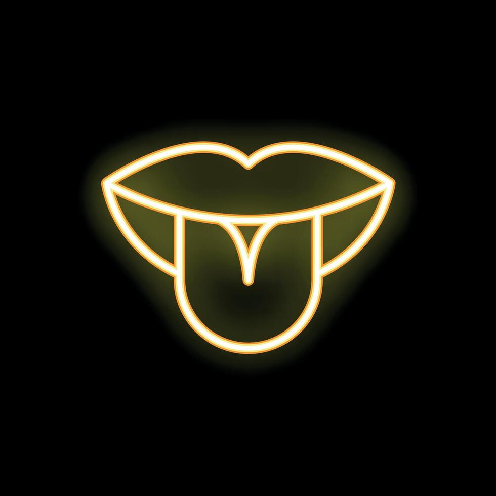 Neon yellow sticking out tongue with open mouth sign on black background vector