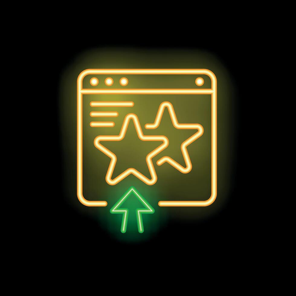 Neon icon showing website page with customer review stars and up arrow vector
