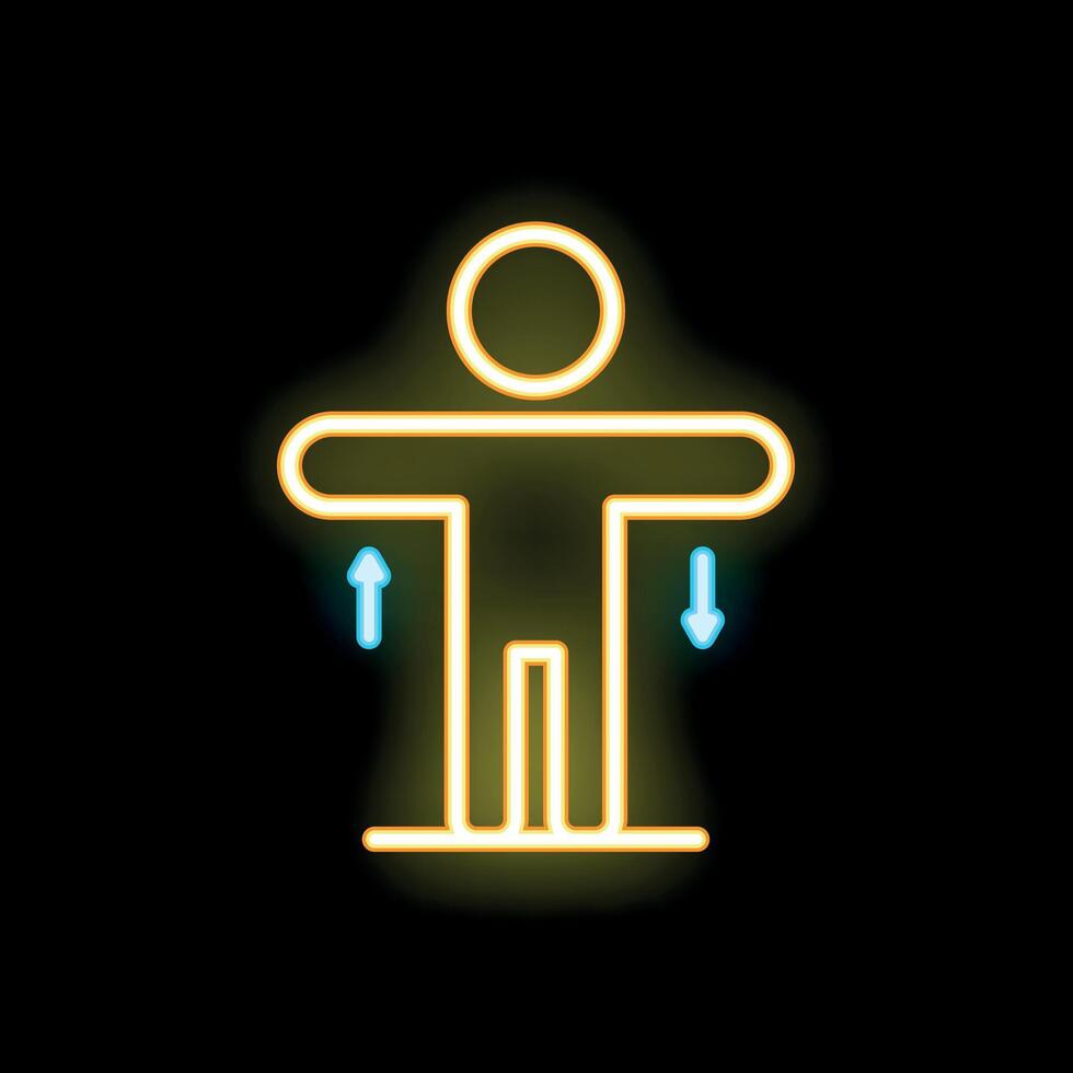 Neon icon of person spreading arms with arrows pointing up and down vector