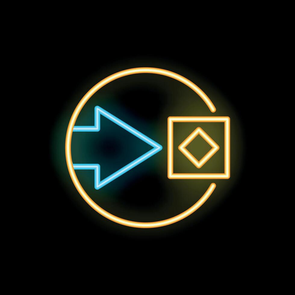 Neon sign showing blue arrow pointing at yellow square in a circle on black background vector
