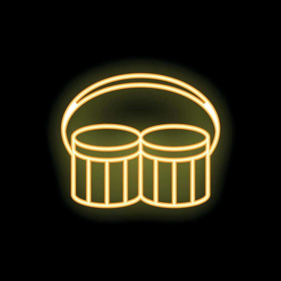 Yellow neon sign of two congas with handle on black background vector