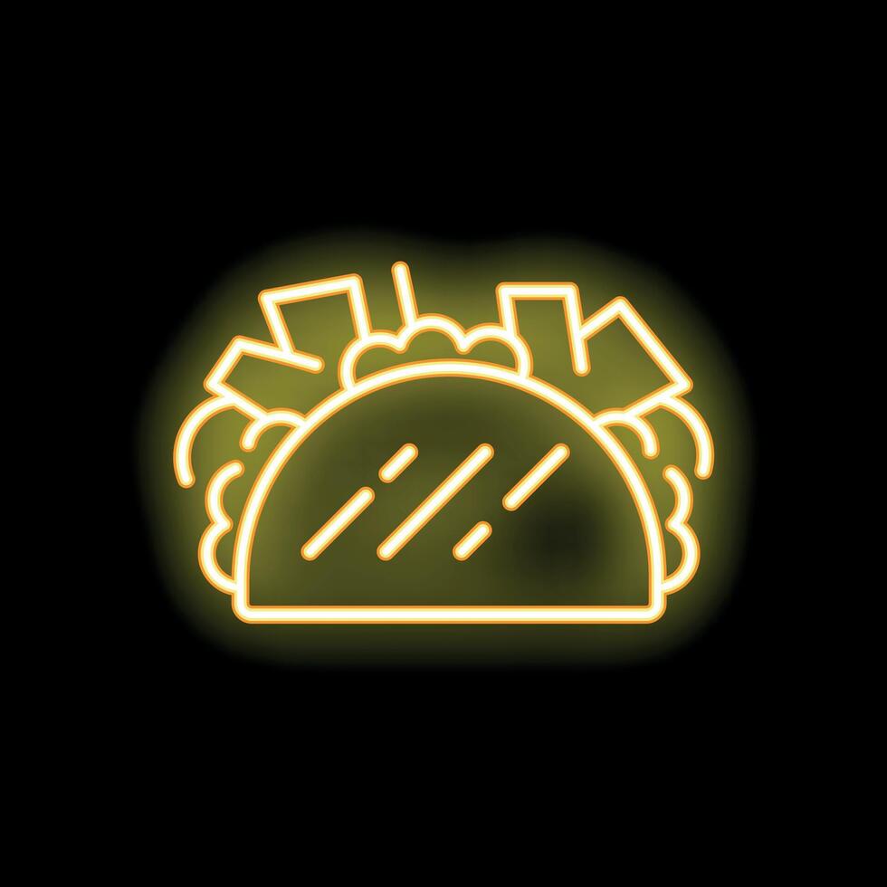 Bright yellow neon sign depicting a taco on a black background vector