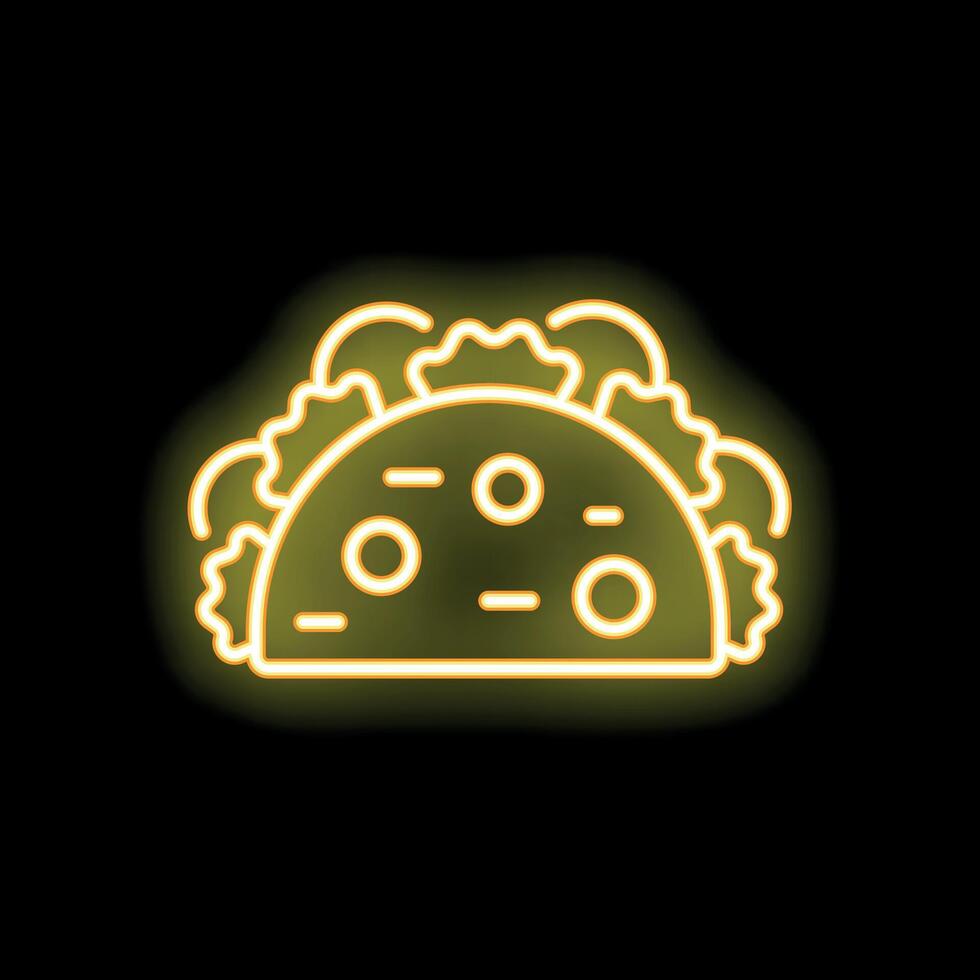 Yellow neon sign illustrating delicious taco with salad on black background vector
